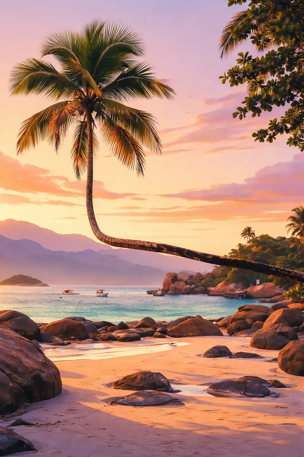 Palmera curva sobre una playa tropical rocosa con barcos en aguas claras