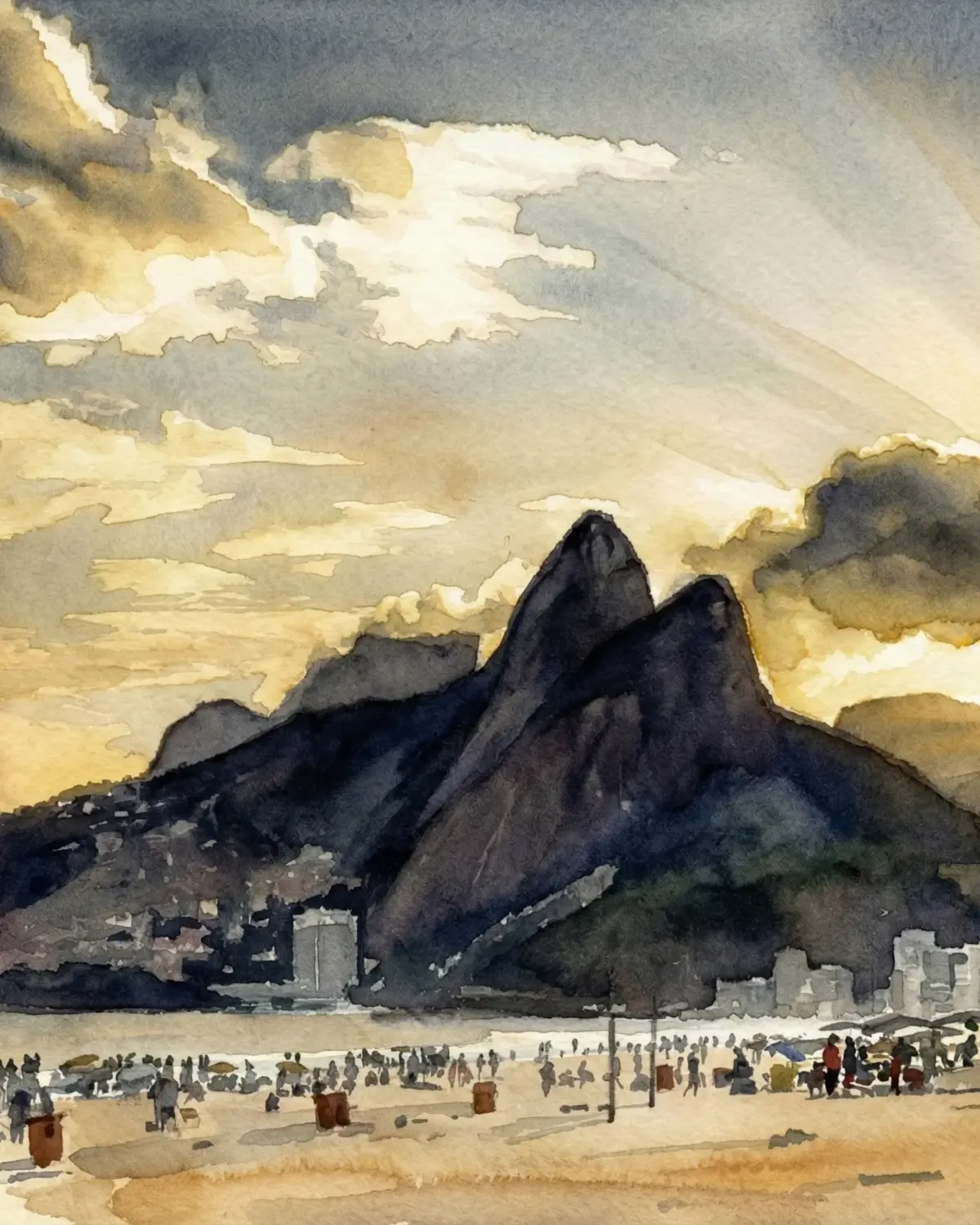 Vista en acuarela del Morro Dois Irmãos sobre la playa de Ipanema