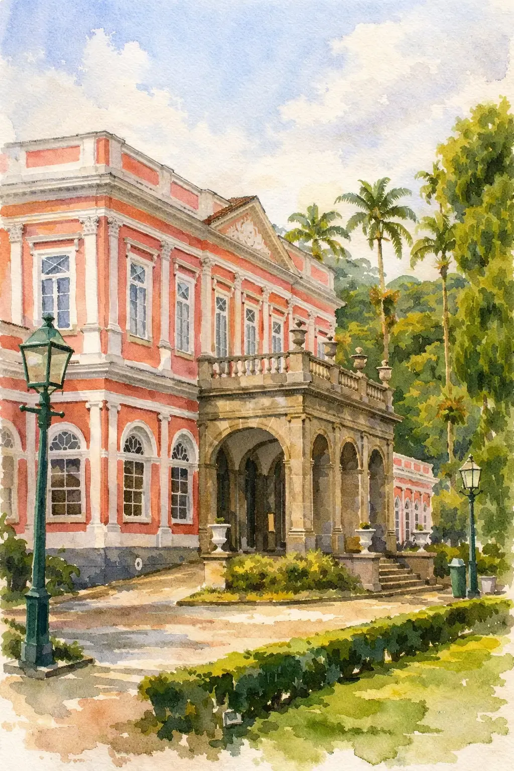 Acuarela de un edificio histórico rosado rodeado de árboles en Petrópolis