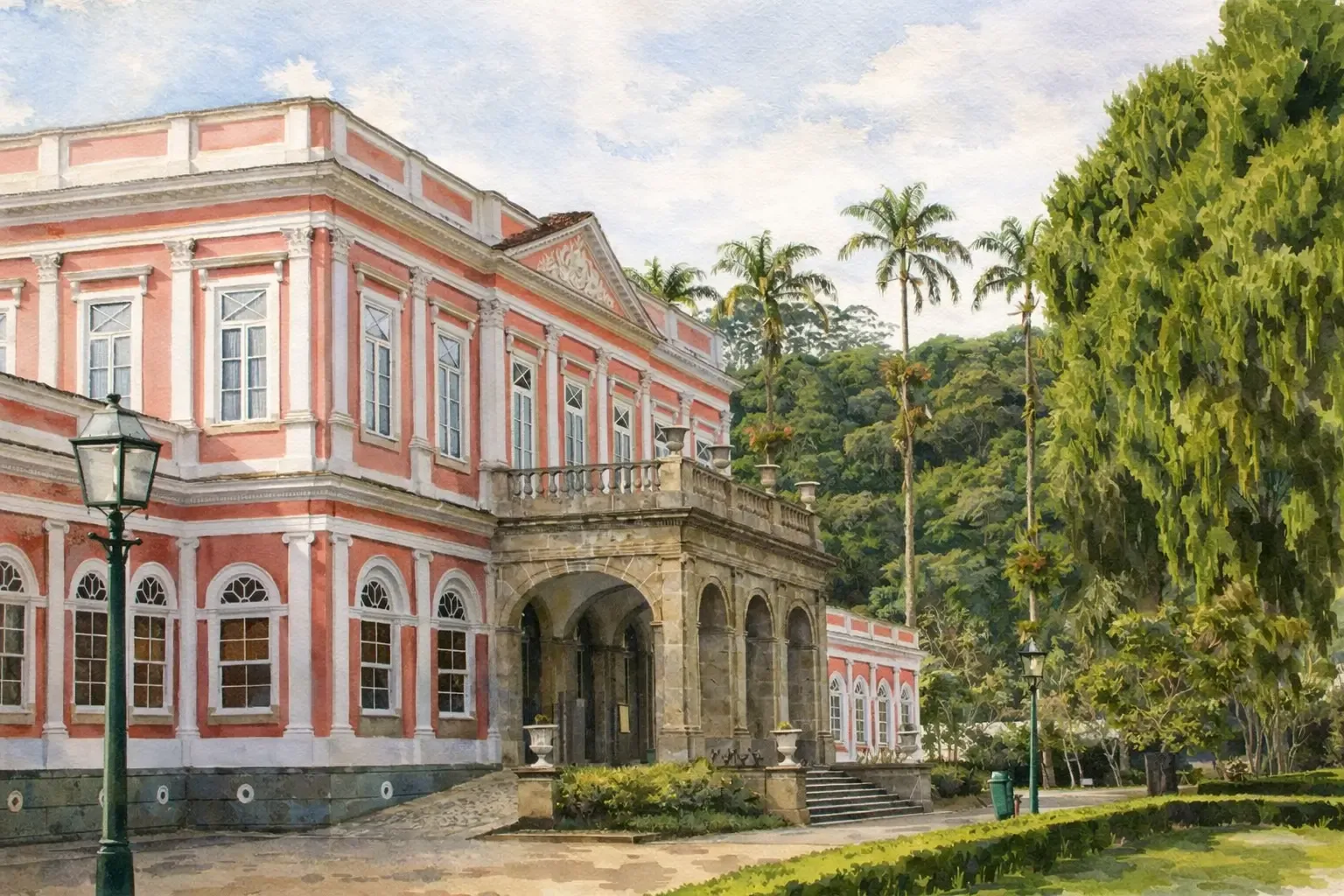 Acuarela de un edificio histórico rosado con una entrada de piedra y jardines en Petrópolis.