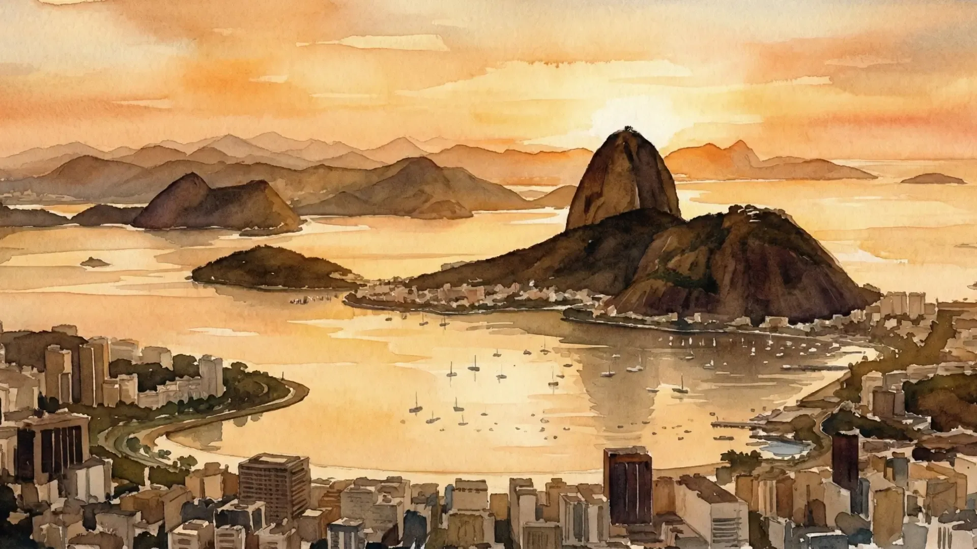 Vista en acuarela de Río de Janeiro con el Pan de Azúcar y la bahía de Guanabara
