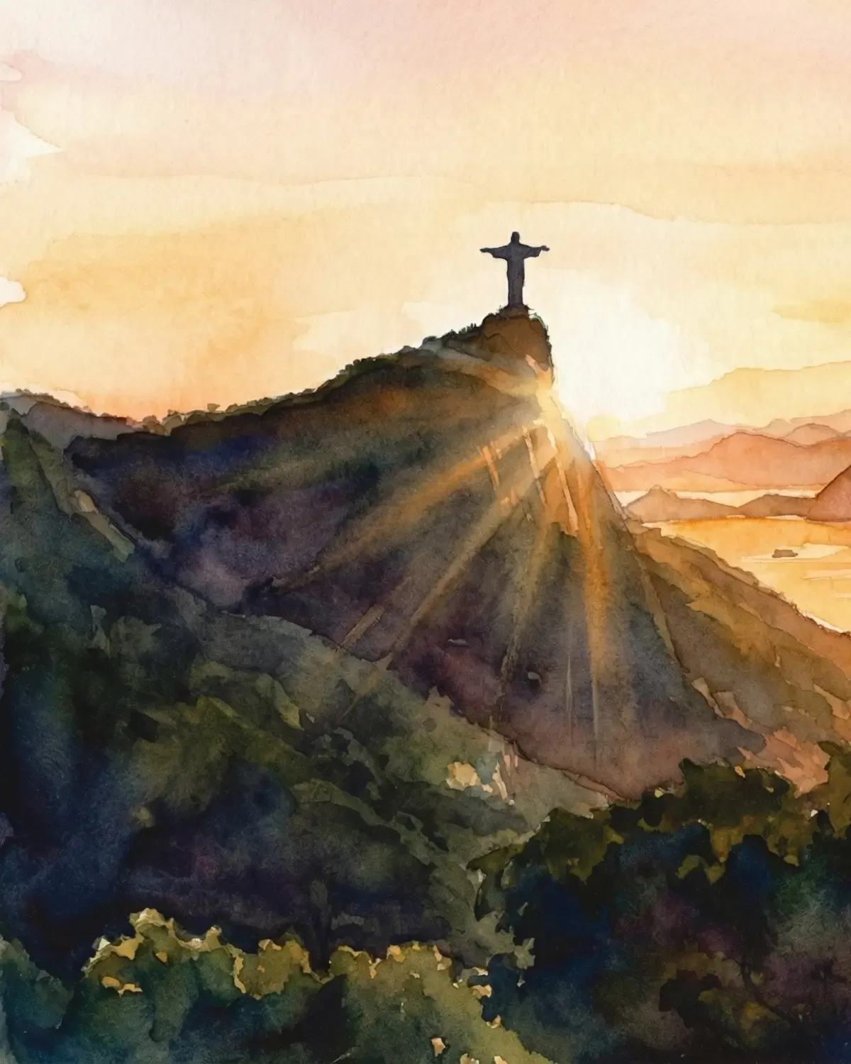 Watercolor of Christ the Redeemer on Corcovado above Rio de Janeiro