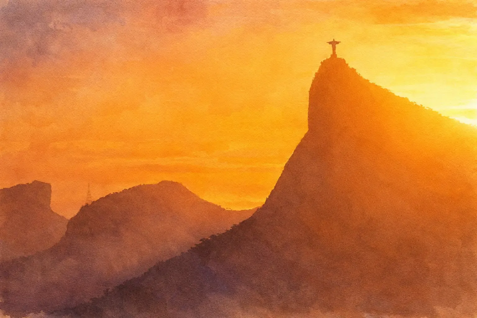 Watercolor view of Christ the Redeemer above Rio’s mountains in warm golden light