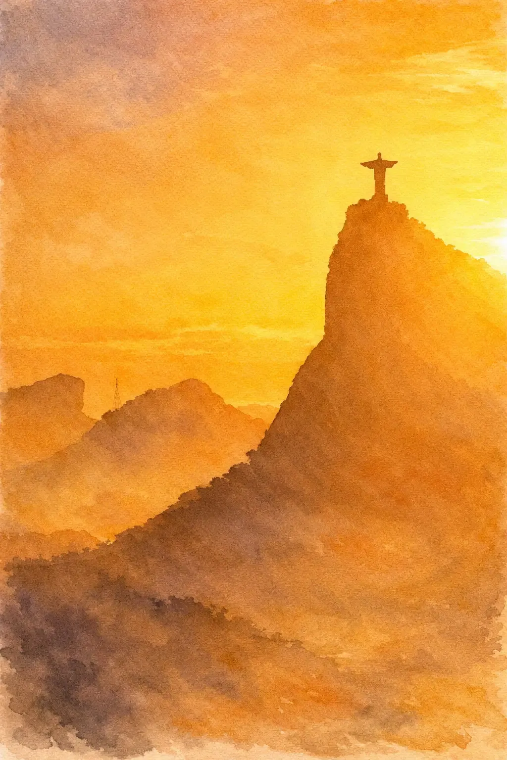 Silueta en acuarela del Cristo Redentor sobre las montañas de Río bajo una luz dorada