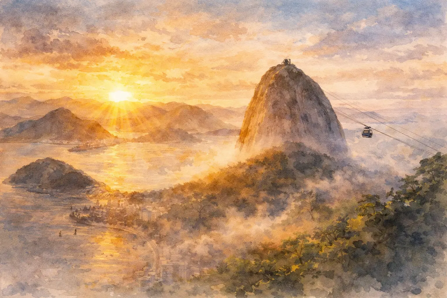 Watercolor of Sugarloaf Mountain and a cable car at sunrise over Rio de Janeiro.