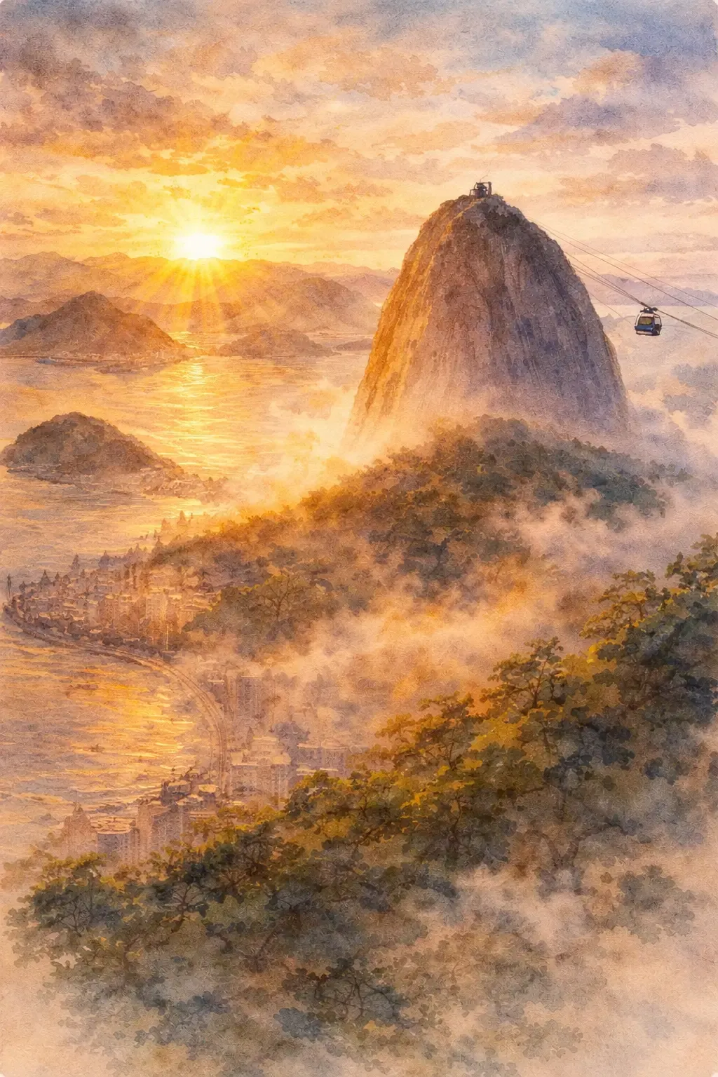 Watercolor of sunrise beside Sugarloaf Mountain and cable cars over Rio de Janeiro