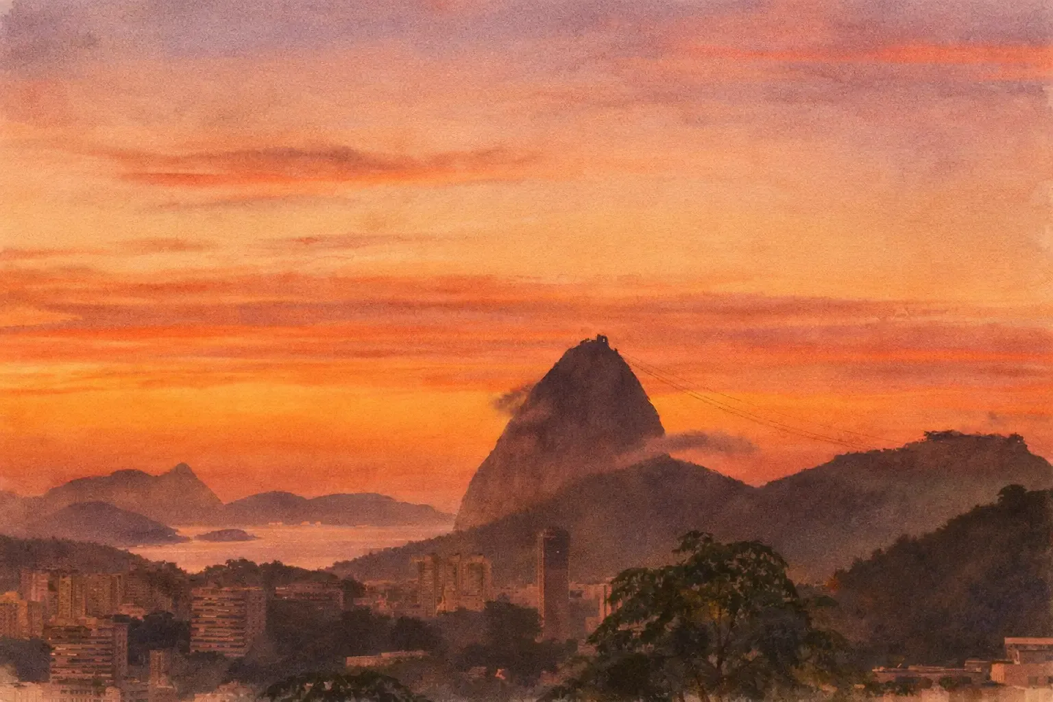 Watercolor view of Sugarloaf Mountain and Rio beneath an orange sunset sky