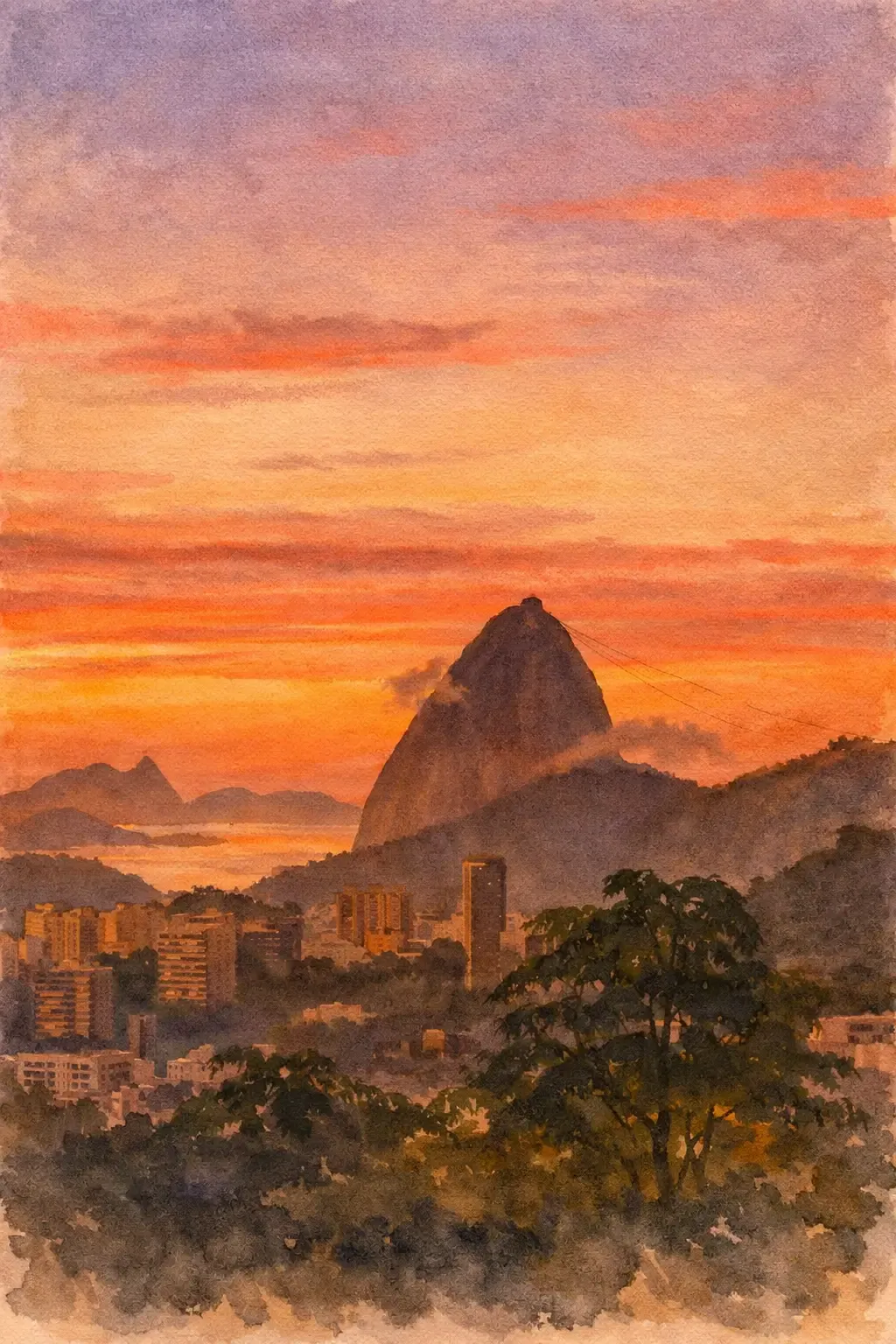 Acuarela del Pan de Azúcar y el paisaje urbano de Río bajo un atardecer naranja